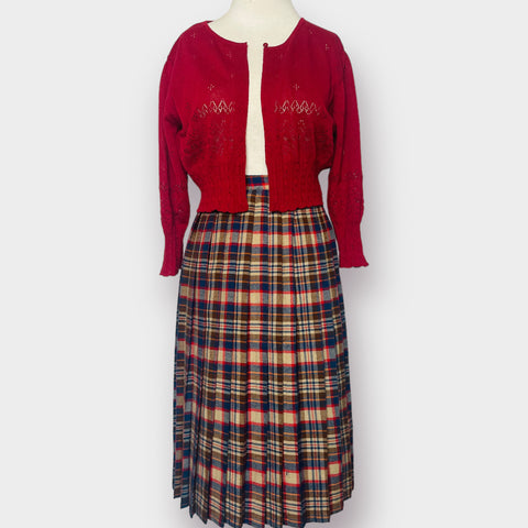 70s Blue Red Tan Orange Pleated Wool Midi Skirt Size XS