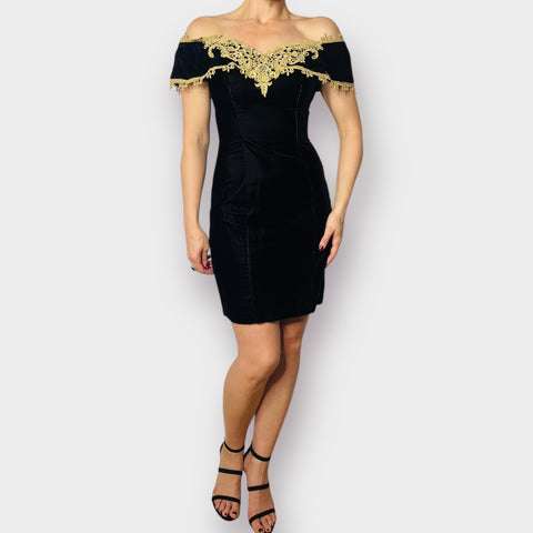 90s Steppin’ Out Black Velvet Dress with Gold Lace Size XS