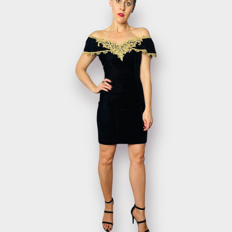 90s Steppin’ Out Black Velvet Dress with Gold Lace Size XS