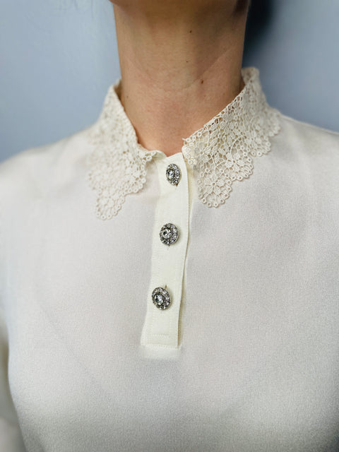 80s Valentino Cream Lace Collar Jeweled Button Blouse