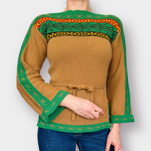 70s Tan Green Tunic Sweater Size M