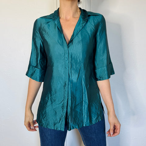 Y2K Teal Silk Blouse Size S