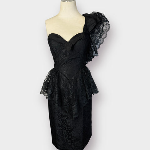 80s Climax Black Lace One Shoulder Party Dress Size XS