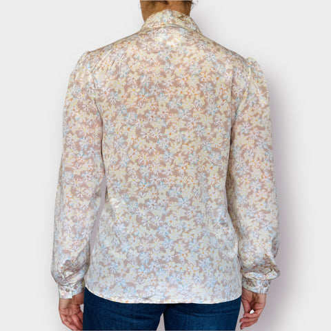 80s Peepers white and tan multi color floral blouse Size L