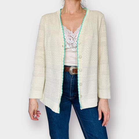 70s Cream Cardigan with Teal Trim Size L