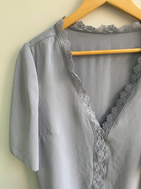 90s Blue Lace Trim Blouse size L