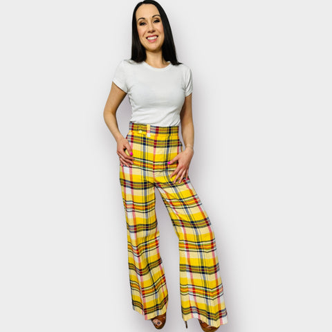 70s Time and Place Yellow Plaid Bell Bottoms Size XS