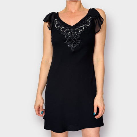 90s S.L. Fashions Black Flutter Sleeve Beaded Front Dress Size 4P