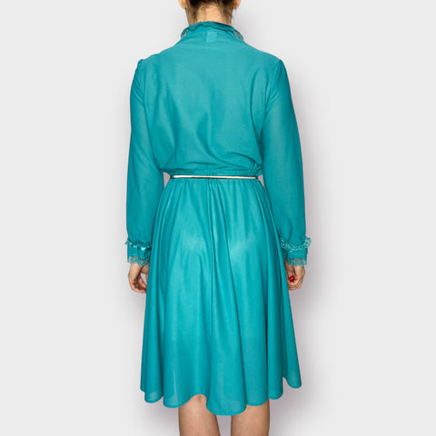 80s Jane Baar Teal Day Dress with Lace Trim