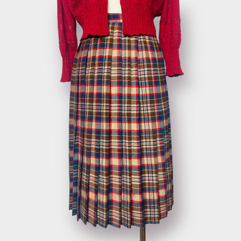70s Blue Red Tan Orange Pleated Wool Midi Skirt Size XS