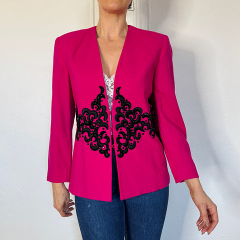 90s Lillie Rubin Pink Blazer with Black embellishment Size M