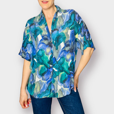 90s Express Blue and Teal Silk Short Sleeve Button Front Shirt