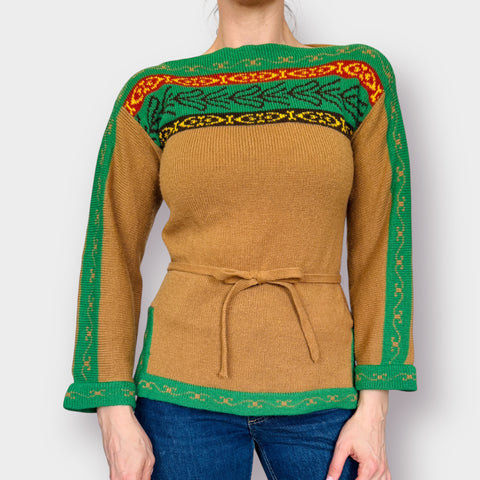 70s Tan Green Tunic Sweater Size M