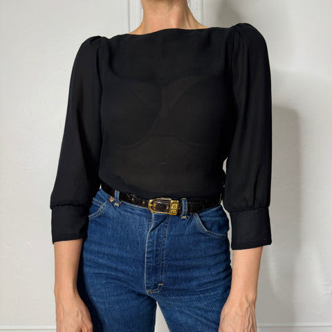 80s Jessica Martin Black Sheer Blouse Size S