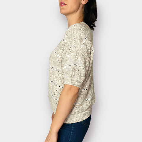 90s Pandora Short Sleeve Tan & Cream Sweater Size L