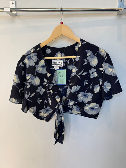 90s Sheena Collection Navy Floral Crop Tie Top Size L