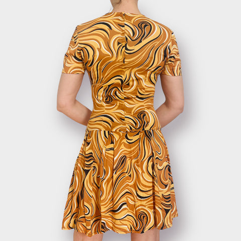 60s Holly Hill Golden Yellow and Black Swirl Pattern Dress Size S