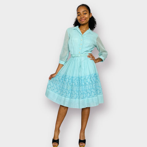 60s Tiffany Blue Eyelet Lace Dress Size S