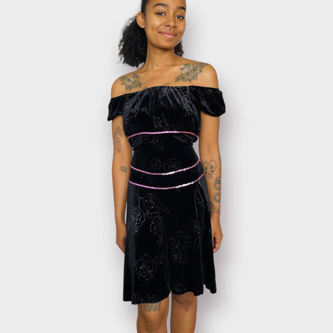 Y2K Black Velour Dress with Pink Sequin Trim