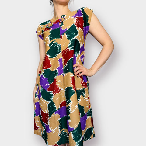 70s Tan Purple Green Brick Abstract Day Dress Size M