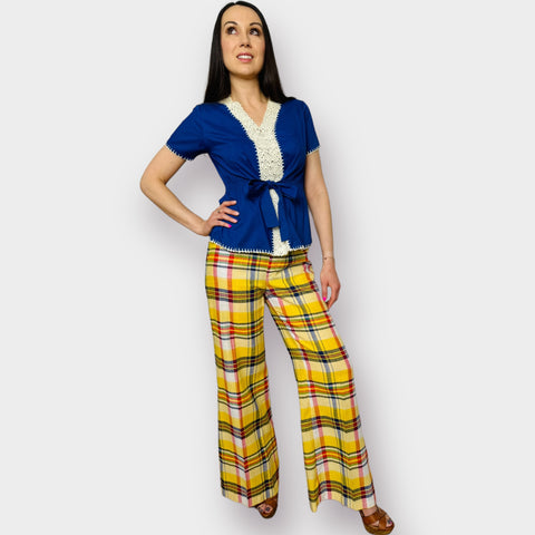 70s Time and Place Yellow Plaid Bell Bottoms Size XS