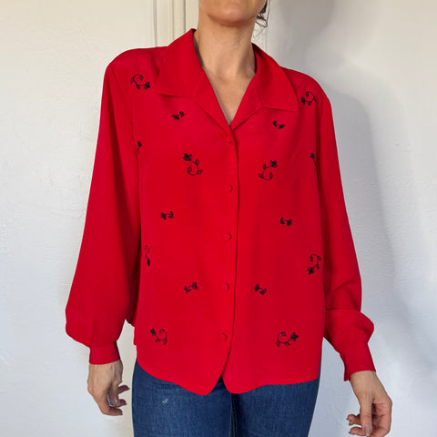 90s Red Blouse w/ Beaded Flowers Size L