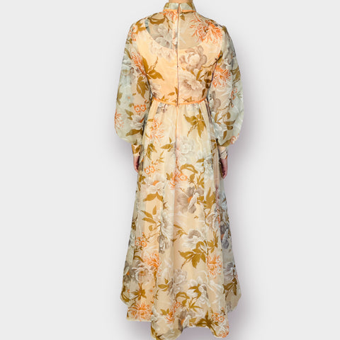 70s Peach Tan and Gray Floral Maxi Dress Size XS