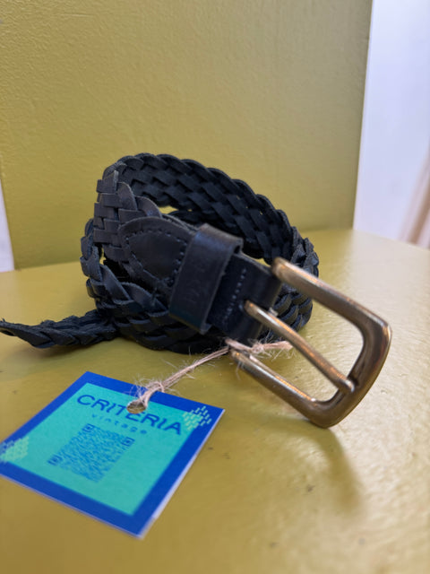 VTG Black Leather Braided Gold Buckle Belt