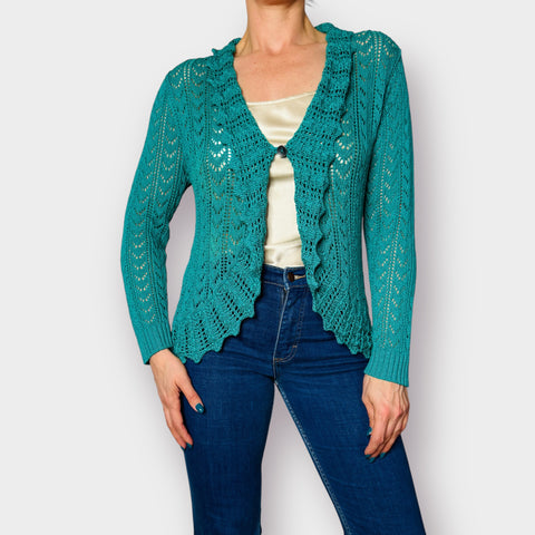 Y2K Jenny Teal Crochet Cardigan Size L