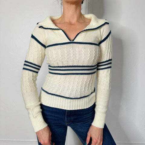 70s Cream and Blue Striped Sweater Size XS