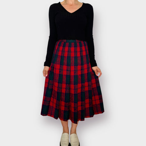 80s Pendleton Red Navy Green Wool Pleated Midi Skirt Size S