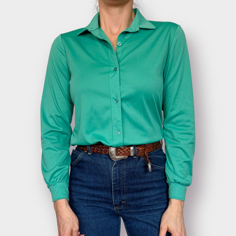 70s Catalina Green long sleeve blouse Size M