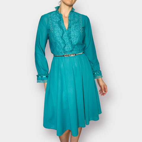 80s Jane Baar Teal Day Dress with Lace Trim