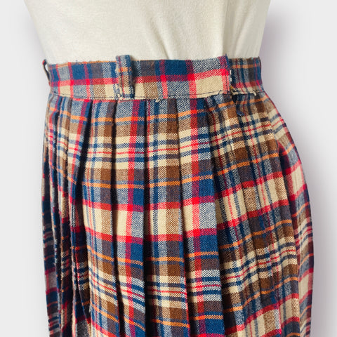 70s Blue Red Tan Orange Pleated Wool Midi Skirt Size XS
