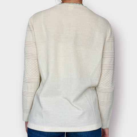 70s Cream Cardigan with Teal Trim Size L