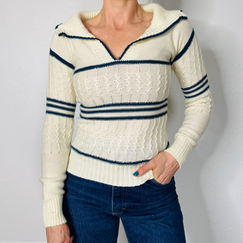 70s Cream and Blue Striped Sweater Size XS