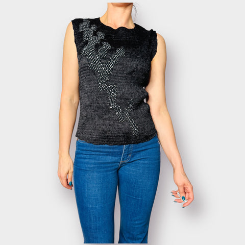 90s Alberto Makali Black Jeweled Crinkle Tank Size XL