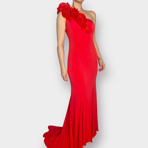 Red One Shoulder Long Gown with Train Size M