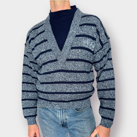 90s I.O.U Quality Clothing Navy Blue Striped Sweater Size L