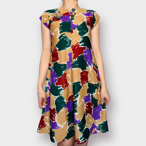 70s Tan Purple Green Brick Abstract Day Dress Size M