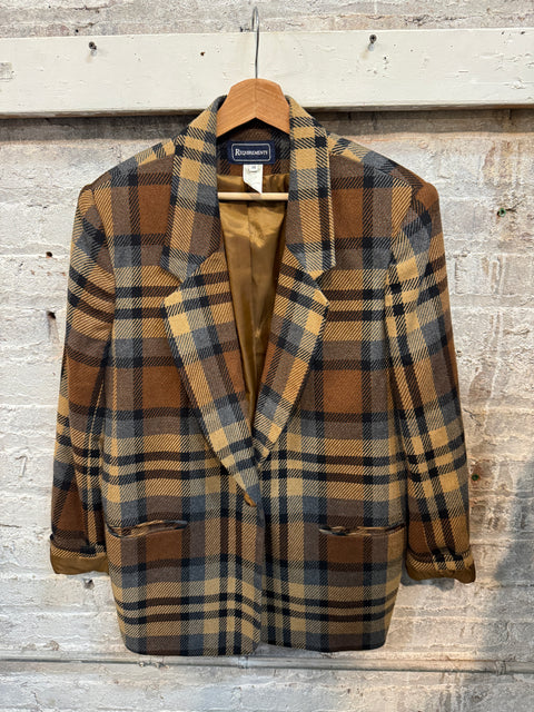 90s Requirements Tan Gray Plaid Blazer Size M
