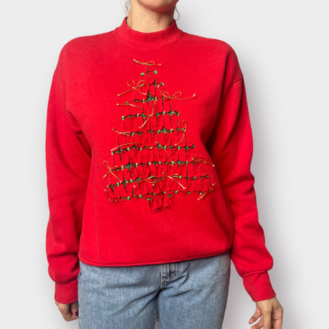 90s Fruit of the Loom Red Crewneck with Cut Out Christmas Tree Size L
