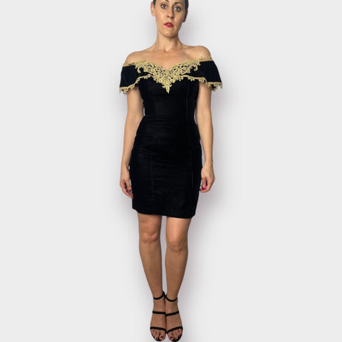 90s Steppin’ Out Black Velvet Dress with Gold Lace Size XS