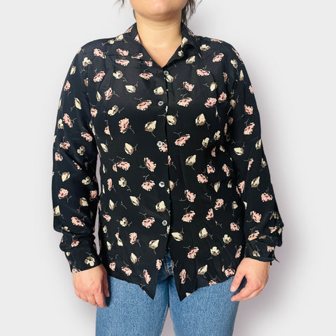 2000s Evan Picone Black and Pink Flowers SIlk Blouse