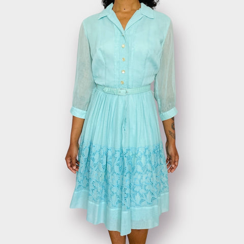 60s Tiffany Blue Eyelet Lace Dress Size S