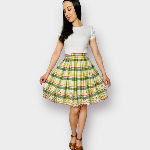 70s Green Yellow Plaid Skirt with Cut-Out Edges Size XS