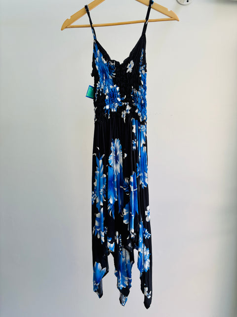 00s Black Blue Tropical Floral Sundress Size S