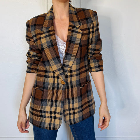 90s Requirements Tan Gray Plaid Blazer Size M