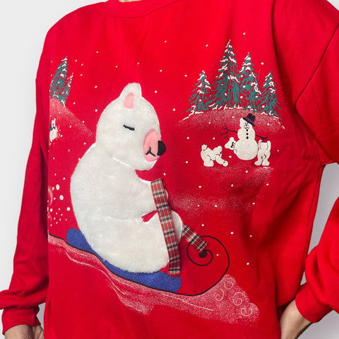 80s Polar Bear Sledding Holiday Scene Sweatshirt Size L