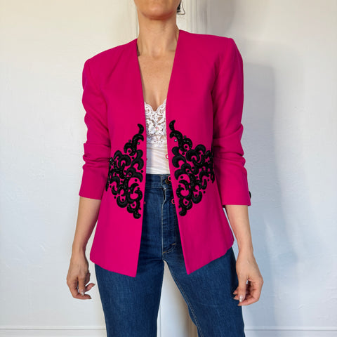 90s Lillie Rubin Pink Blazer with Black embellishment Size M
